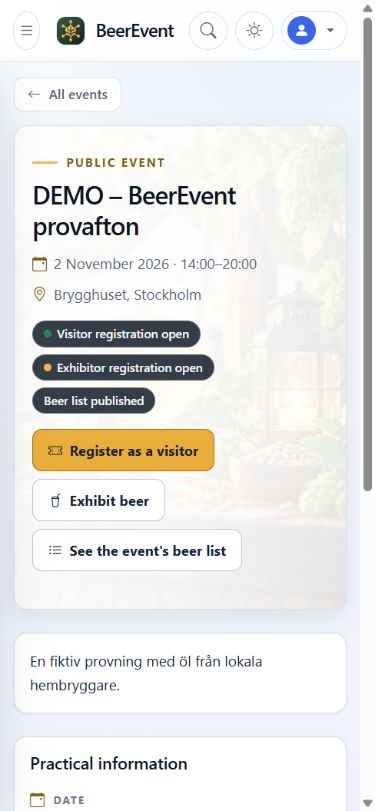 Eventets tid, plats och information visas i mobilvy