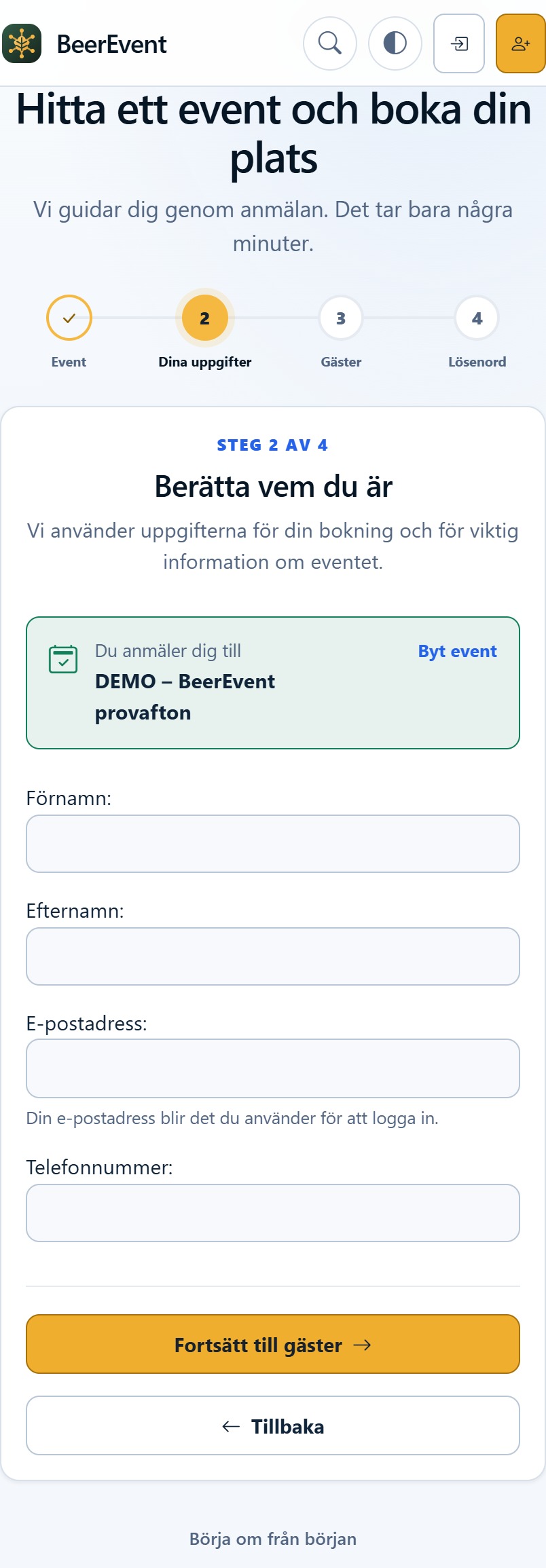 Besökaren fyller i sina uppgifter i steg två av anmälningsguiden